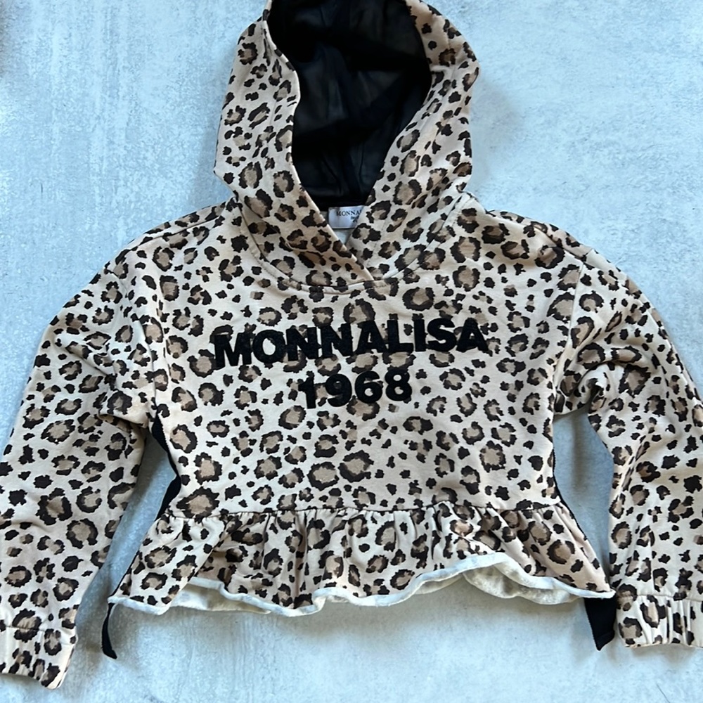 Monnalisa girls léopard cropped ruffle soft hoodie pullover sz 6